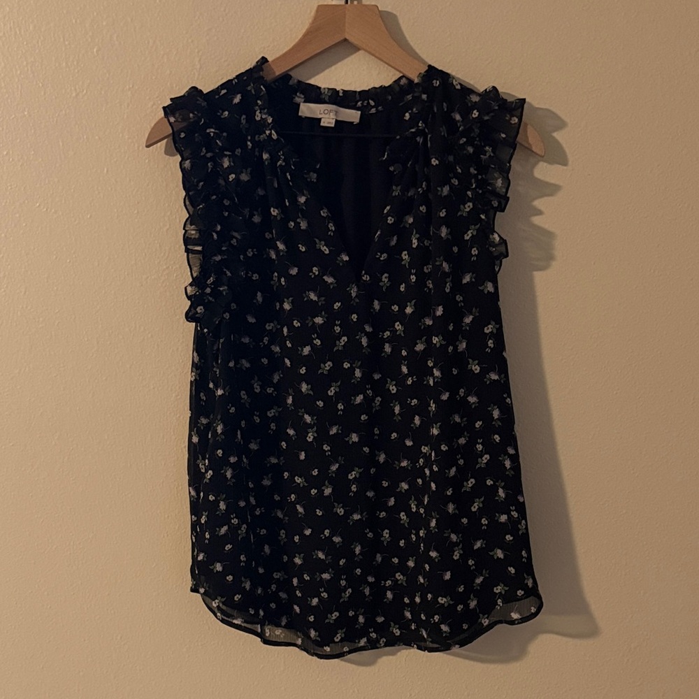 LOFT Black Floral Ruffle Blouse